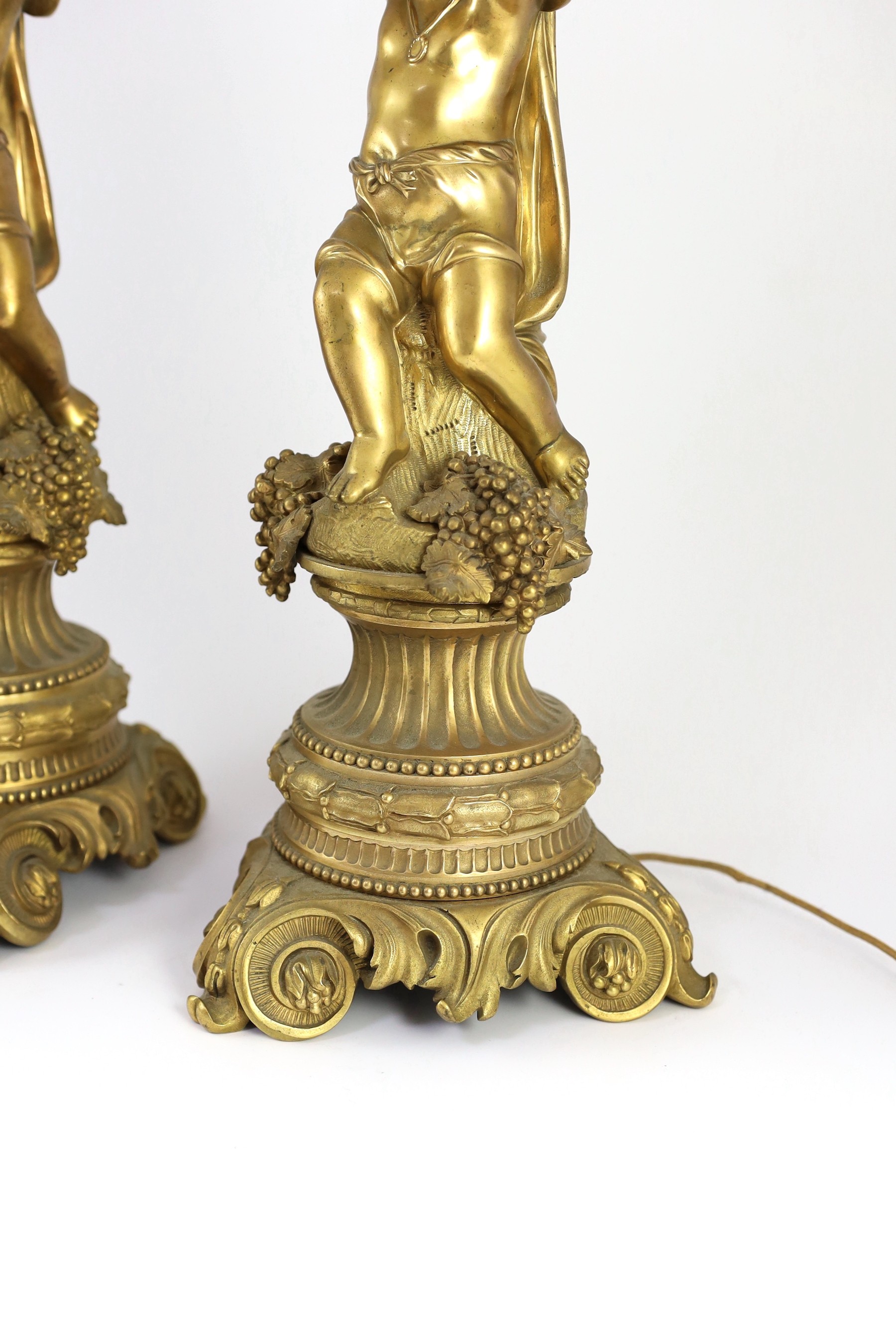 A pair of Victorian style ormolu table lamps, 50cm high to fittings
